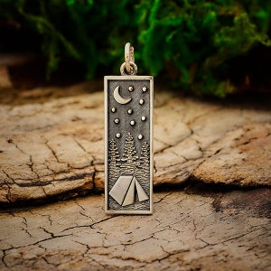 Sterling Silver Rectangle Camping Charm with Tent, Nature Jewelry, Adventure Charm, Mountain Charm, Hiking Charm, Moon Charm, Camper Charm