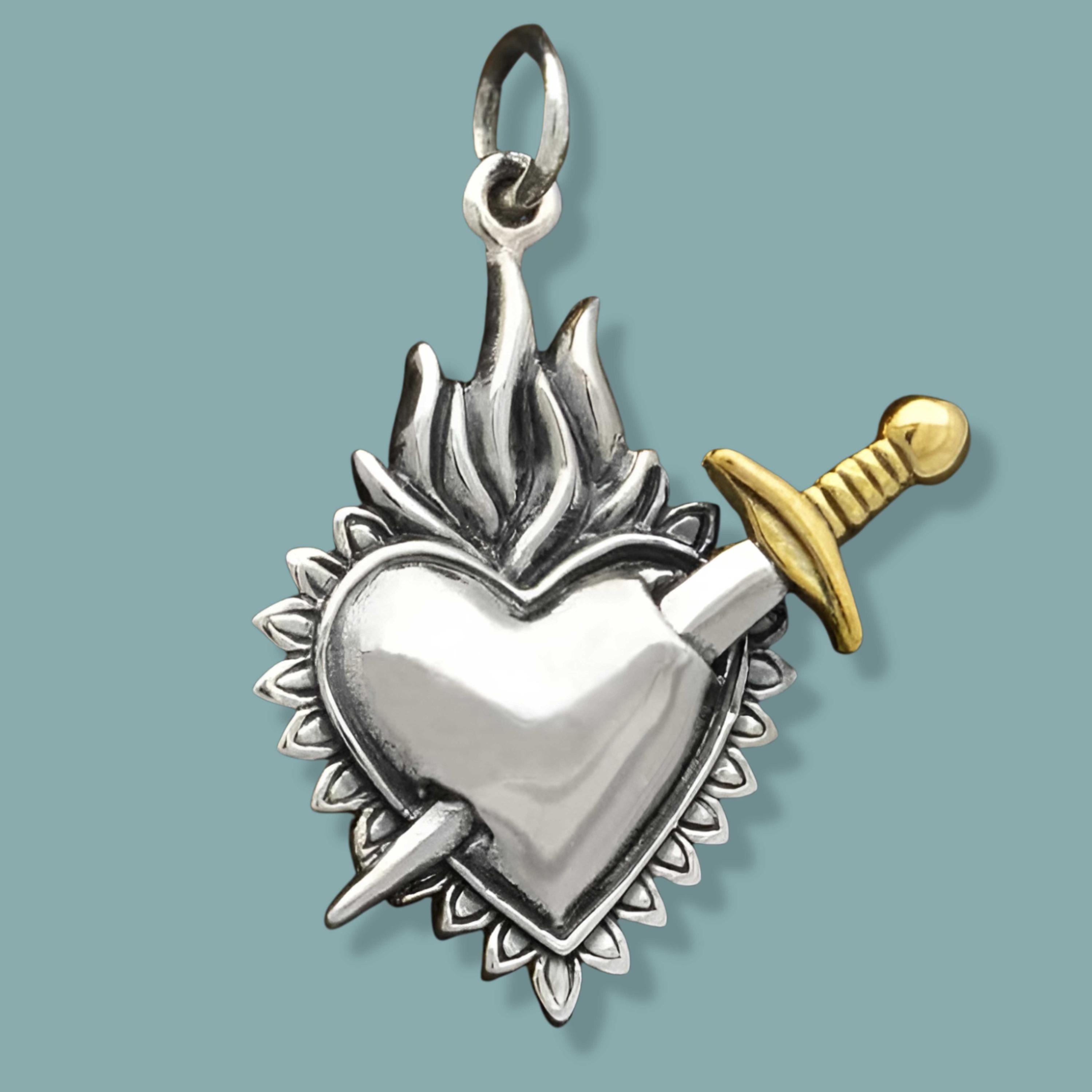 Flaming Heart Pendant With Sword Sterling Silver Heart Jewelry