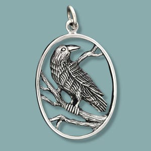Sterling Silber Raben Anhänger in Oval Rahmen | Vogel Schmuck | Raben-Liebhaber-Geschenk | Gothic Schmuck | Rabe Anhänger | Rabe Schmuck | Bronze-Rabe