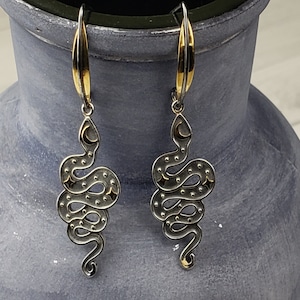 Sterling Silver Snake Earrings, Serpent Earrings, Mixed Metal Earrings, Snake Dangle Earrings, Gift for Her, Boho Jewelry, Wiccan Jewelry
