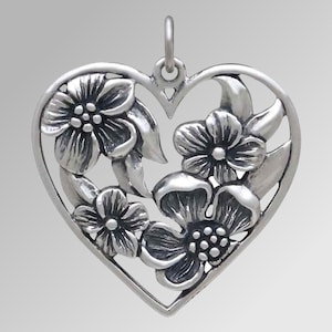 Heart Pendant Sterling Silver Heart Floral Heart Pendant Gift for Mom, Flower Pendant, Apple Blossom Pendant Love Jewelry Heart Necklace