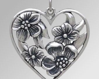 Heart Pendant Sterling Silver Heart Floral Heart Pendant Gift for Mom, Flower Pendant, Apple Blossom Pendant Love Jewelry Heart Necklace