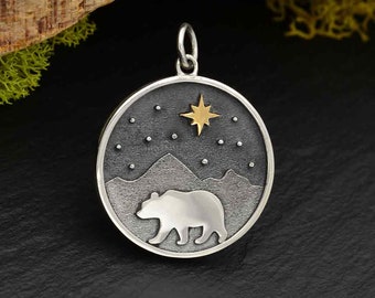 Bear and Mountains Pendant with Bronze Star, Bear Charm, Animal Lover Gift, Animal Charm, Nature Charm, Star Charm, Animal Pendant