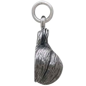 May include: A silver charm in the shape of a garlic bulb. The charm has a detailed, textured surface and a loop at the top for attaching to a bracelet or necklace.