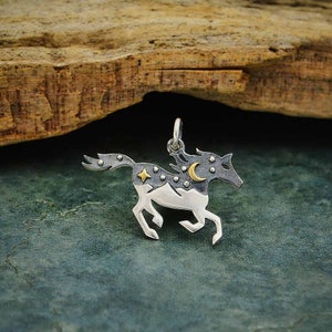 Silver Horse Charm with Mountains and Bronze Moon and Star, Equestrian Jewelry, Horse Lover Gift,  Cosmic Horse Jewelry, Landscape Pendant