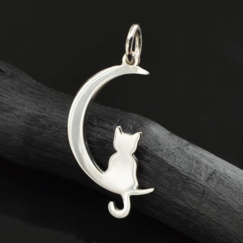 Crescent Moon Silver Cat Moon with Kitty Silver Cat with Moon Sterling Silver Silver Crescent Moon Moon Charm Cat and Moon
