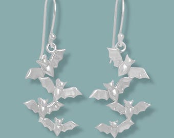 Sterling Silver Bat Cluster Dangle Earrings – Gothic Nocturnal Jewelry | Halloween Earrings