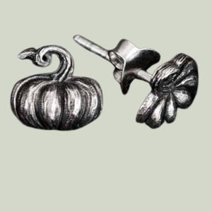 May include: A pair of silver-toned pumpkin-shaped earrings. One earring is a detailed pumpkin with a curved stem. The other earring features a stylized flower design. The earrings are likely made of metal and are suitable for fall or autumn-themed jewelry.