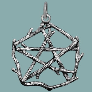 May include: Silver-toned pendant featuring a pentagram design crafted from intertwined branches. The pendant has a textured surface and a small loop at the top for a chain. The background is a muted teal color.