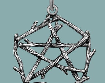 Sterling Silver Pentagram Branch Charm: Wiccan Pentacle Pendant
