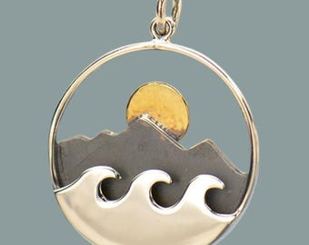 Sterling Silver Mountain and Ocean Bronze Sun Pendant, Mountain Necklace, Ocean Wave Pendant, Nature Lover Gift, Nature Charm Jewelry