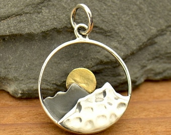 Silver Mountain Range Pendant with Bronze Sun, Mountain Necklace, Mountain Bronze Sun, Adventure Lover Gift, Nature Charm Jewelry