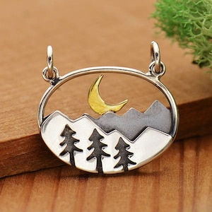 Sterling Silver Oval Mountain Pendant with Trees and Moon, Fathers Day Gift, Hiker Gift, Adventure Jewelry, Hiking Jewelry, Mountain Pendant