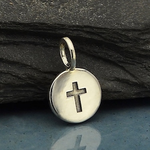 Sterling Silver Cross Charm, Etched Cross, Disk with Cross, Silver Disk Charm, Silver Cross Jewelry, Cross Jewelry, Faith Charm