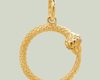 14K Yellow Gold Ouroboros Pendant with Diamond Eyes: Serpent Necklace Charm 20.4 x 15.1mm