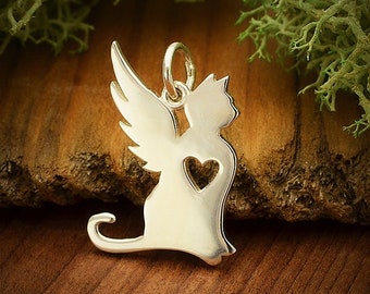 Sterling Silver Angel Cat Charm with Heart ~ Cat Memorial Jewelry with Wings ~ Kitty Silhouette Charm Bracelet ~ Kitten Pendant ~ Pet Charm