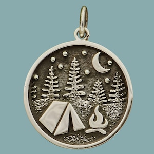 Sterling Silver Camping Charm with Tent and Trees, Fathers Day Gift, Hiker Gifts, Adventure Jewelry, Crescent Moon Charm, Camp Fire Charm,