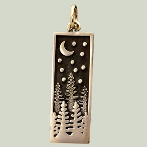 Sterling Silver Pine Tree Rectangle Charm, Birthday Gift for Him, Nature Lover Gift, Adventure Jewelry, Night Sky, Nature Landscape Pendant,