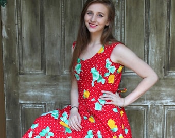 Vintage 80s 50s Red Polka Dot Yellow Green ROSE Retro Full Sun Midi Boho Dress M