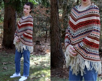 Vintage 70s Collage Cream Sweater Fringe Retro Poncho Cape Hippie Boho NOS S M