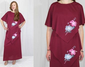 Vintage 70s Burgundy Wine Floral Cape TIERED Retro Maxi Cocktail Party Dress M