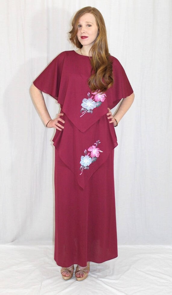 Vintage 70s Burgundy Wine Floral Cape TIERED Retr… - image 2