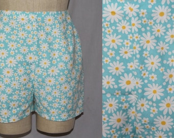 Vintage 60s Bobbie Brooks Blue DAISY Daisies HIGH Waist Retro Zip Shorts 27"W M