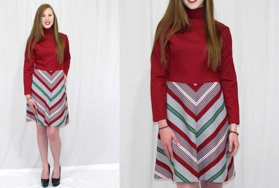 Vintage 60s MOD Burgundy CHEVRON Stripe Front Zip