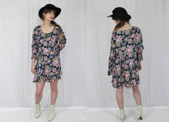 Vintage 80s 90s Bonjour Navy Pink FLORAL Slouchy … - image 1