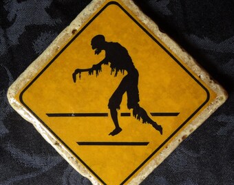 Creepy Crossing Zombie Road Warning Sign Coaster Series Halloween Drink Decoration Cork Bottom Sealed Tile Zombies Living and Kitchen Decor