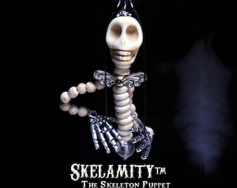 Skelamity the Skeleton Puppet Necklace Animated Jewelry Howlite Skull Arms Body Interactive Halloween Spooky Accessories Skeleton Marionette
