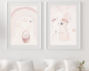 Set of 2 Prints, Nursery Wall Art Print, Girl Wall Decor, Children's Art Prints, Watercolor Illustration, Art for Kids Bedroom, Kids Prints