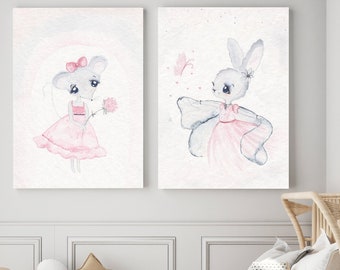Nursery Decor Girl, Set of 2 Prints, Nursery Wall Art, Bunny Girl Wall Decor, Children's Art Prints, Watercolor Illustration, Art for Kids