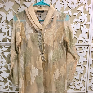 Beige Embroidery Organza Desinger Tunic, Embellished Collar Neck, 2-pc Inner  and Tunic,XS