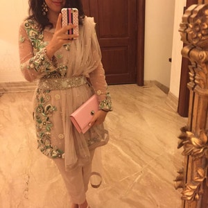 Pakistani Dress- Dusky Beige Short Shirt with Belt and Cigarette Pants- Indian, Pakistani, Bollywood Shalwar Kameez