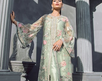 Mint Green Floral Beaded Long Jacket with Silk Inner & Boot Cut Pants, Elan Inspired Hand Embroidered Dress