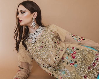 Beige/Ferozi Gharara, Blue Gharara, Pakistani Wedding Formal Dress, Indian, Southasian, Bollywood Sharara