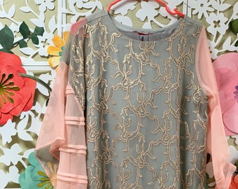 Two Tone Peachy Gray Chiffon Tunic with Sequin Embroidery, 2-pc with Straight Pants