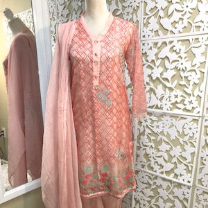 Bonita Salmon Pink Organza Embroidery Pret Wear, 4-Pc XS Shalwar Kameez