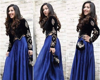 Black Cropped Jacket- Embroidered Velvet Jacket with Blue Silk Skirt