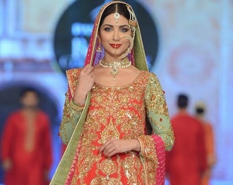 Pakistani Bridal Dress- Orange with Pastel Green and Pink- Bridal Anarkali Dress, 3 Pc Stitched- Indian, Pakistani, Bollywood Bridal Dress
