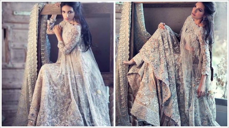 May include: A two-panel image showcases a woman in an elaborate, light-colored gown. The gown features intricate lace and embroidery details, with long sleeves and a flowing skirt. The overall aesthetic is elegant and formal, suitable for special occasions.