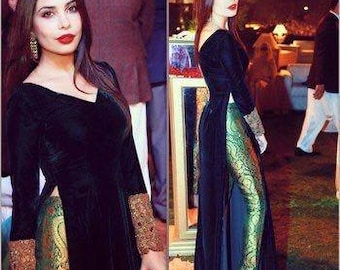 Black Velvet Long Dress, Side Slit, V-Neck, Full Sleeves Inspired by Designer Maheen Taseer