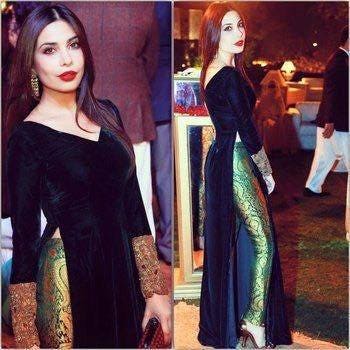 Black Velvet Long Dress, Side Slit, V-neck, Full Sleeves