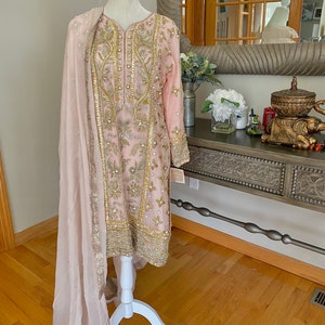 Shalwar Kameez- Pale Pink, Chiffon Shirt, Mix Handwork with Brocade Cigarette Pant- Wedding Formal Dress, Indian, Pakistani, Bollywood