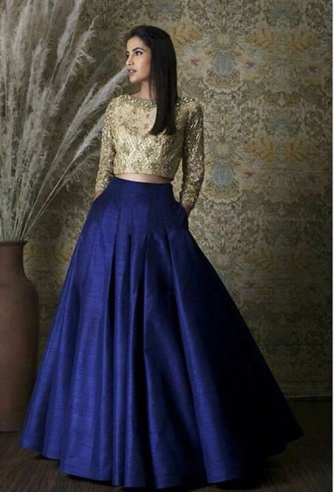 Royal Blue Pleated Skirt Full Length With Embriodered Peach Choli and ...