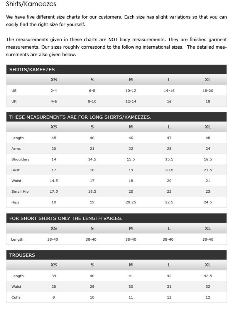 May include: Size chart for shirts and trousers in XS, S, M, L, and XL sizes. Measurements are given in inches for length, arms, shoulders, bust, waist, small hip, hips, and cuffs.  The chart also includes US and UK sizes.