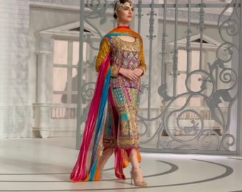 Multi Silk Kurta, Block Printed, Hand embroidered mehndi outfit, Pakistani formal dress