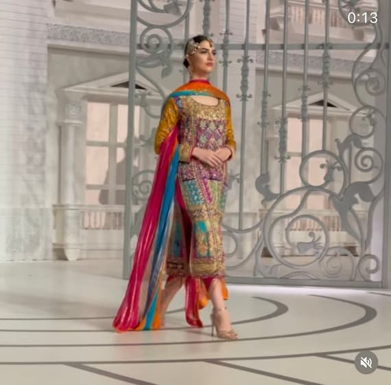 kaamdanicouture Multi Silk Kurta, Block Printed, Hand Embroidered Mehndi Outfit, Pakistani Formal Dress
