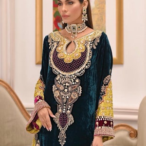 Green Velvet Heavy Wedding Formal Pakistani Dress